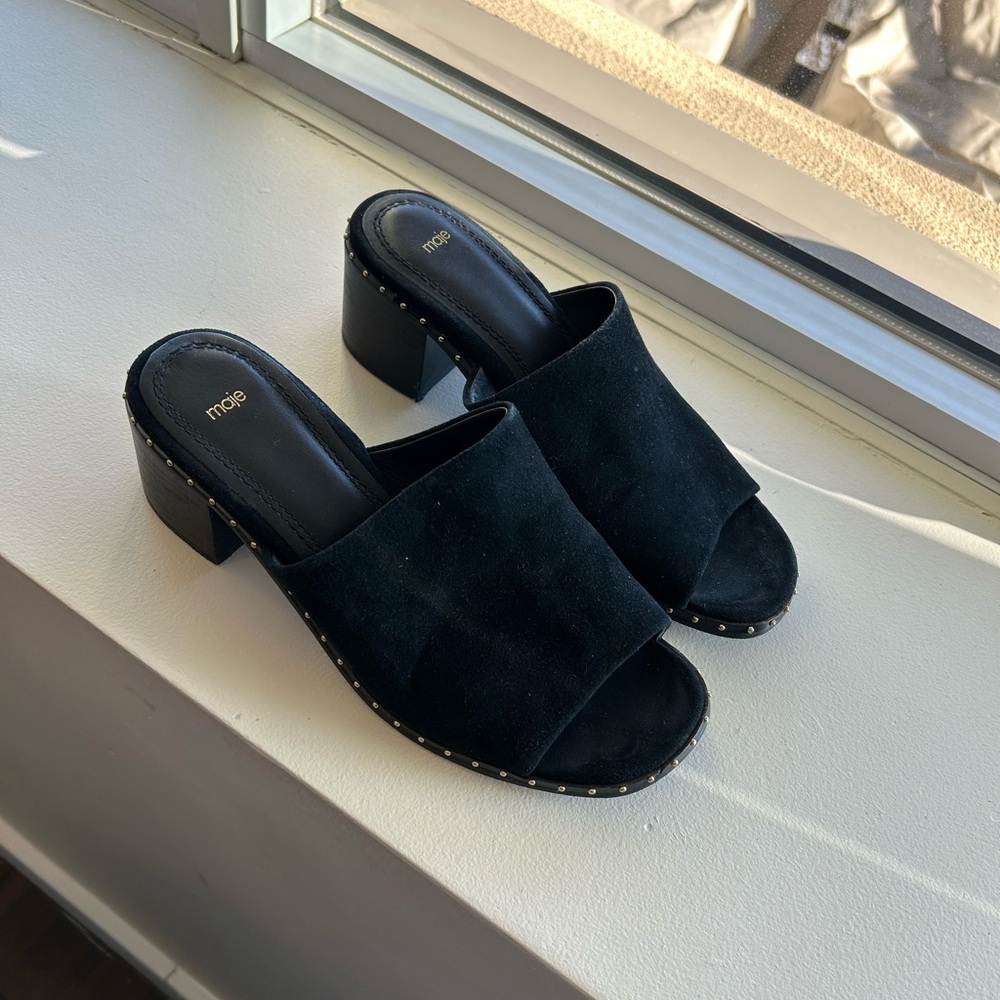 Maje Black Suede Women's Block Heel Mules
